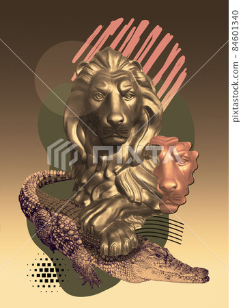 Collage with lion in a pop art style. Modern creative concept image with ancient statue. 84601340