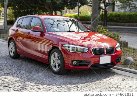 在公園裡拍攝的一輛紅色汽車，周圍環繞著新鮮的綠色植物 84601831