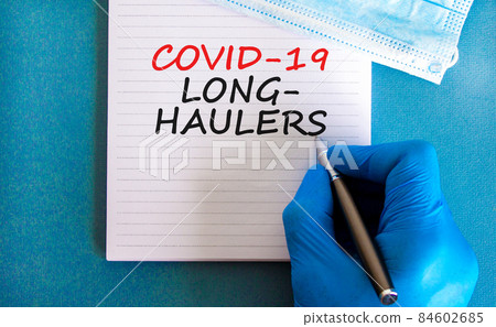 COVID-19 long-haulers covid symptoms symbol. White card with words Covid-19 long-haulers. Doctor hand, pen, blue background, copy space. Medical, COVID-19 long-haulers covid symptoms concept. COVID-19 long-haulers covid symptoms symbol. White card with words Covid-19 long-haulers. Doctor hand, pen, blue background, copy space. Medical, COVID-19 long-haulers covid symptoms concept. 84602685