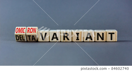 Covid-19 omicron variant symbol. Turned wooden cubes and changed words delta variant to omicron variant. Beautiful grey background. Medical, covid-19 and delta or omicron variant concept. Copy space. 84602740