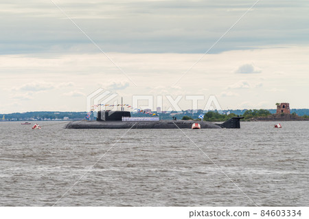 Russia. July 25, 2021. Nuclear submarine missile-carrying cruiser project 949A Eagle at anchor near Kronstadt during the celebration of the Navy Day. Russia. July 25, 2021. Nuclear submarine missile-carrying cruiser project 949A Eagle at anchor near Kronstadt during the celebration of the Navy Day. 84603334