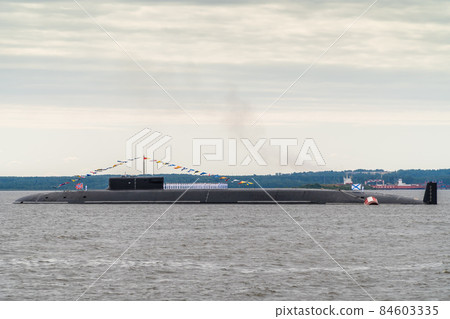 Russia. July 25, 2021. Strategic nuclear submarine project 955A Prince Vladimir at anchor near Kronstadt during the celebration of the Navy Day. 84603335
