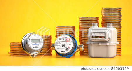 Utility service payment concept. Growth of costs of utility service. Gas, electric an water meter  with stack of coins. 84603399