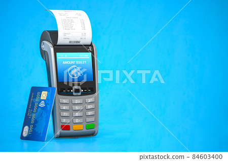 POS point of sale terminal for credit card payment on blue background. 84603400