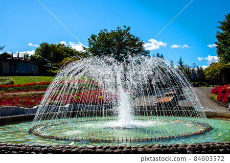 Michinoku Forest Lakeside Park Aya no Hiroba A fountain shining in the sunlight 84603572