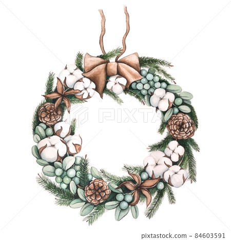 Christmas wreath with cotton and pine cones and fir branches Christmas wreath with cotton and pine cones and fir branches 84603591