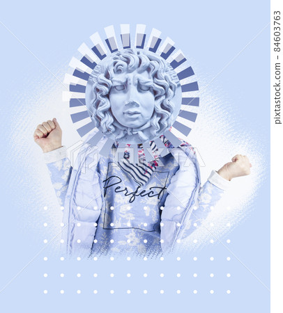 Contemporary art collage with antique statue head in a surreal style. 84603763