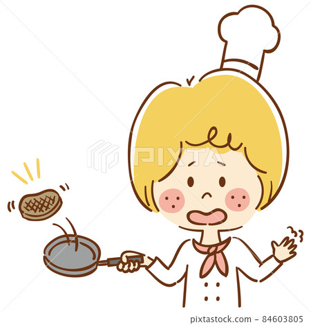 廚師在煎鍋裡烤肉 廚師在煎鍋裡烤肉 84603805