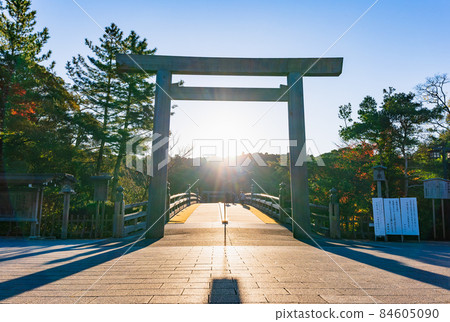 Asahi rising from Ise Jingu Naiku Ujibashi Torii 84605090