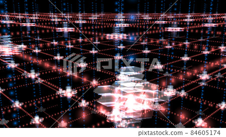 在巨大的元宇宙中排列的燈光和加密資產網格的圖像。黑色背景。 84605174