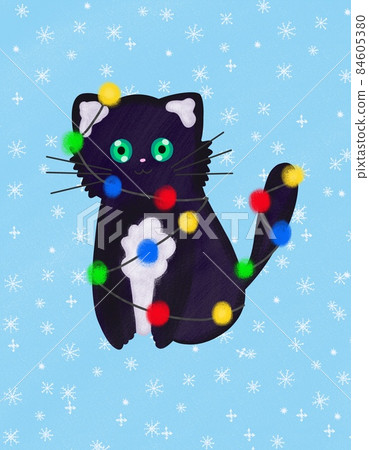 Cute cartoon black cat with colorful Christmas garland. Funny doodle cat card. 84605380