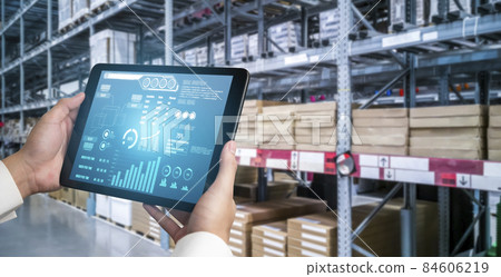 Warehouse management innovative software in computer for real time monitoring Warehouse management innovative software in computer for real time monitoring 84606219