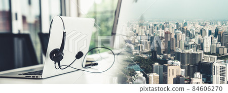 Headset and customer support equipment at call center ready for actively service Headset and customer support equipment at call center ready for actively service 84606270