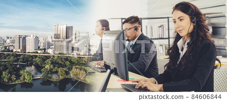 Business people wearing headset working in office broaden view 84606844