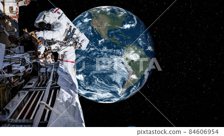 Astronaut spaceman do spacewalk while working for spaceflight mission 84606954