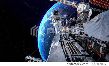 Astronaut spaceman do spacewalk while working for spaceflight mission 84607007