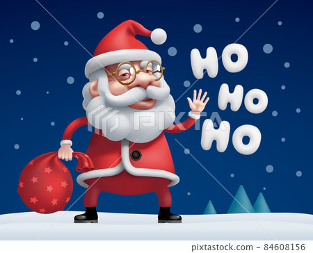Vector cartoon Santa Claus standing with bag of gifts and Ho-Ho-Ho lettering isolated on dark background 84608156