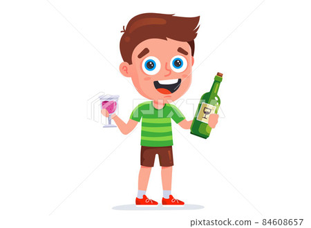 child with a bottle of wine and a glass of wine. drunk teenager. 84608657