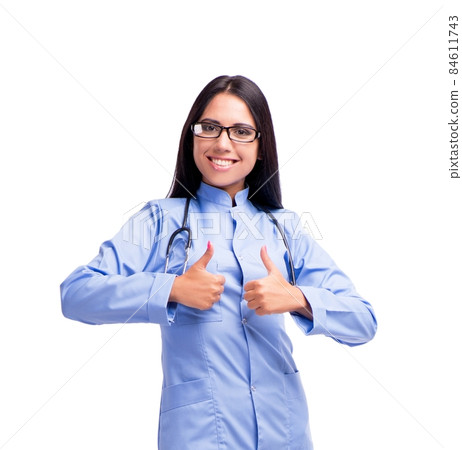 Young female doctor in medical concept isolated on white 84611743