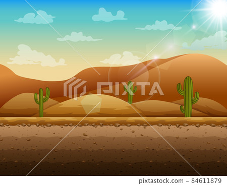 Desert landscape with cactuses and mountains on skyline 84611879