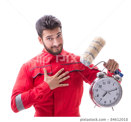 Young handsome painter with paintbrush isolated on white in time Young handsome painter with paintbrush isolated on white in time 84612018
