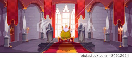 King in gold crown on throne in medieval castle 84612634