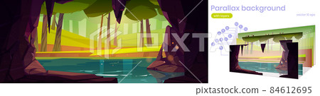 Parallax background with cave, lake and forest Parallax background with cave, lake and forest 84612695