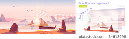 Parallax background, sunrise in ocean 2d landscape Parallax background, sunrise in ocean 2d landscape 84612696