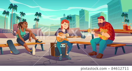 Artists play live music in urban skate park area Artists play live music in urban skate park area 84612711