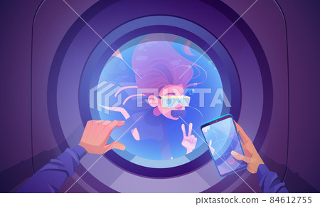 Underwater travel, diver look inside of porthole 84612755