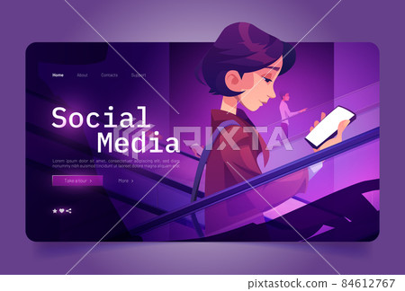 Social media cartoon landing, woman with cellphone Social media cartoon landing, woman with cellphone 84612767