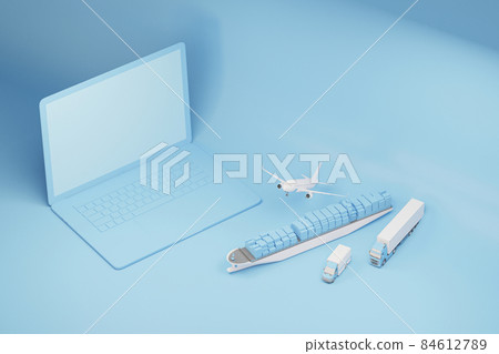 Floating computer with cargo ship, truck and plane. Concept of online goods orders worldwide on pastel blue background. Types of transport of transporting are loads. 3d render Floating computer with cargo ship, truck and plane. Concept of online goods orders worldwide on pastel blue background. Types of transport of transporting are loads. 3d render 84612789