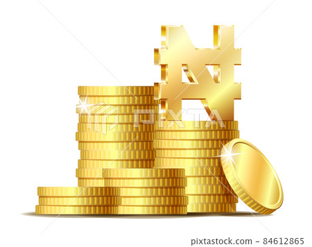 Stack of coins with Shiny golden Naira currency sign currency symbol. Stack of coins with Shiny golden Naira currency sign currency symbol. 84612865