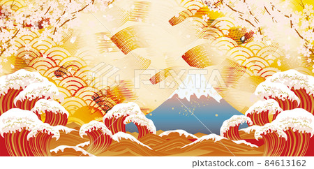 Beautiful Mt. Fuji and big waves landscape - Stock Illustration