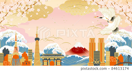 日本城市景觀插圖富士山 84613174