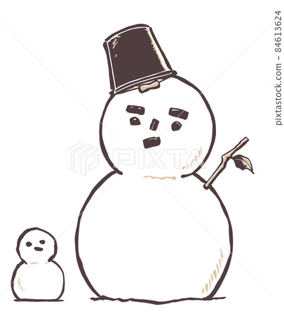 A snowman with a tin bucket hat and a slightly clunky little snowman, drawn with a brush and painted in two colors 84613624