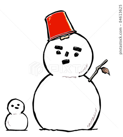 一個戴著紅色錫桶帽的雪人和一個略顯笨重的小雪人，刷漆和啞光漆 84613625