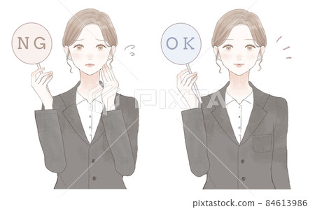 一組帶有 OK / NG 標籤的西裝女裝 一組帶有 OK / NG 標籤的西裝女裝 84613986