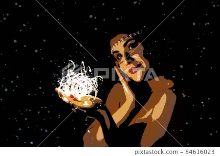 Illustration. Portrait of a young brunette woman holding a glowing ball of LED lights. Illustration. Portrait of a young brunette woman holding a glowing ball of LED lights. 84616023