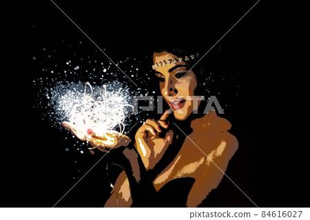 Illustration. Portrait of a young brunette woman holding a glowing ball of LED lights. Illustration. Portrait of a young brunette woman holding a glowing ball of LED lights. 84616027