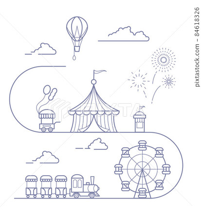 Panorama of an amusement park with a ferris wheel, circus, rides, balloon, bouncy castle. Landscape of urban park. Outline vector illustration Panorama of an amusement park with a ferris wheel, circus, rides, balloon, bouncy castle. Landscape of urban park. Outline vector illustration 84618326