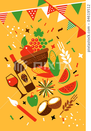 Vector card with collection of Happy Kwanzaa. Holiday symbols on yellow background. Vector illustration. Vector card with collection of Happy Kwanzaa. Holiday symbols on yellow background. Vector illustration. 84619512