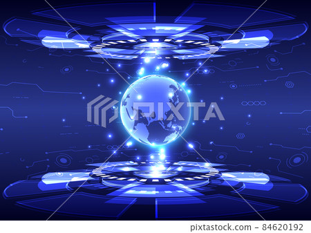 Portal and Globe hologram science futuristic. Sci-fi digital hi-tech in glowing HUD projector. Magic gate in game fantasy. Circle teleport podium. GUI and UI virtual reality. Placeholder and space 84620192