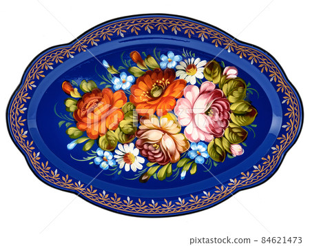 Old russian folk handpainted metal tray 84621473