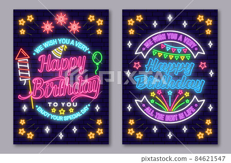 Wish you a very happy Birthday dear friend neon sign. Card, flyers, poster with birthday hat, firework and cake with candles. Vector. Neon design for birthday celebration emblem. Night neon signboard. Wish you a very happy Birthday dear friend neon sign. Card, flyers, poster with birthday hat, firework and cake with candles. Vector. Neon design for birthday celebration emblem. Night neon signboard. 84621547