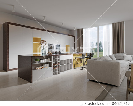 Contemporary white kitchen with a beautiful yellow niche and a large kitchen island with brown marble countertop. Contemporary white kitchen with a beautiful yellow niche and a large kitchen island with brown marble countertop. 84621742
