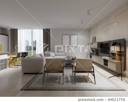 contemporary living with big white sofa and large beige wall system with TV. contemporary living with big white sofa and large beige wall system with TV. 84621759