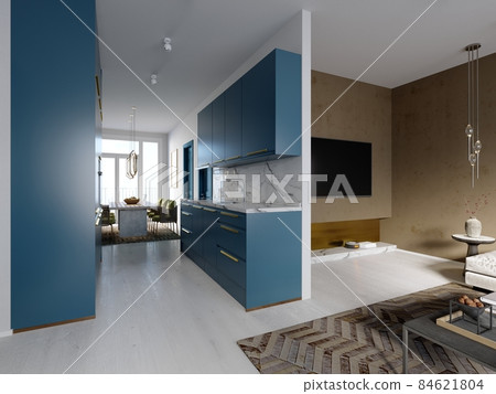 Bright blue kitchen furniture against a white wall with a living and dining room next to it. Bright blue kitchen furniture against a white wall with a living and dining room next to it. 84621804