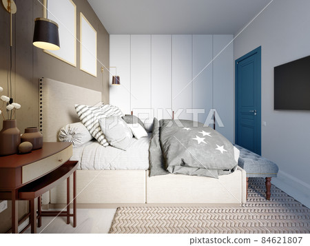 Small bedroom with a fabric bed and a brown wall at the headboard with a quilted bench and a beautiful colored duvet and pillows. Small bedroom with a fabric bed and a brown wall at the headboard with a quilted bench and a beautiful colored duvet and pillows. 84621807