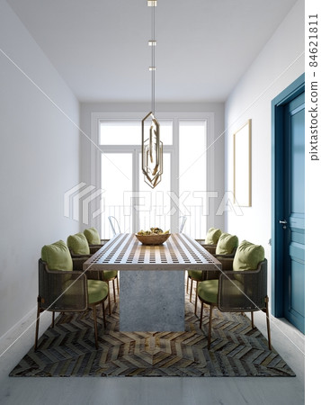 The dining area features wicker chairs and a wooden table in a trendy contemporary style with white walls and blue doors. The dining area features wicker chairs and a wooden table in a trendy contemporary style with white walls and blue doors. 84621811